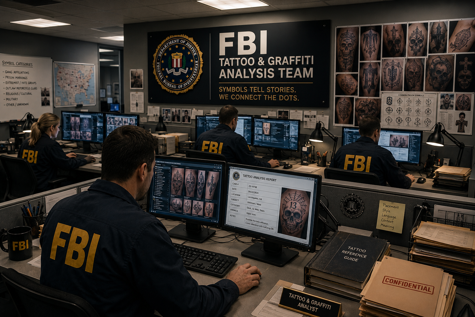 The Day the FBI Realized Tattoos Were Intelligence Assets — When Ink Became Evidence FBI tattoo and graffiti analysis office with agents reviewing tattoo imagery and symbols